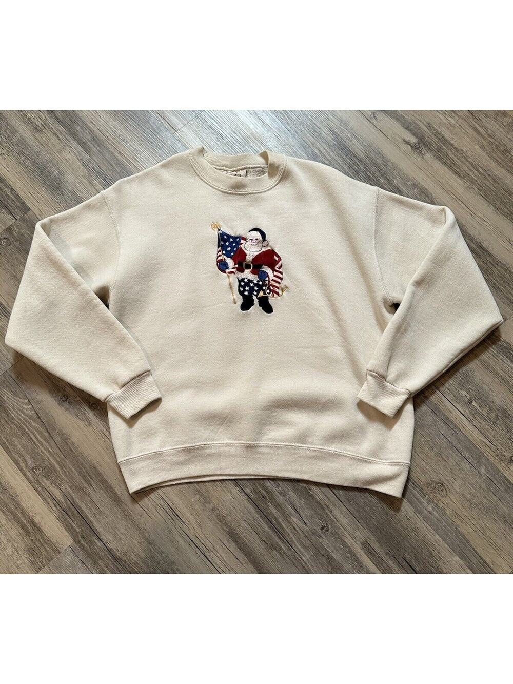 Patriotic Santa Sweatshirt Womens S/M Peanut Butter Jelly Fleece Cream Vintage